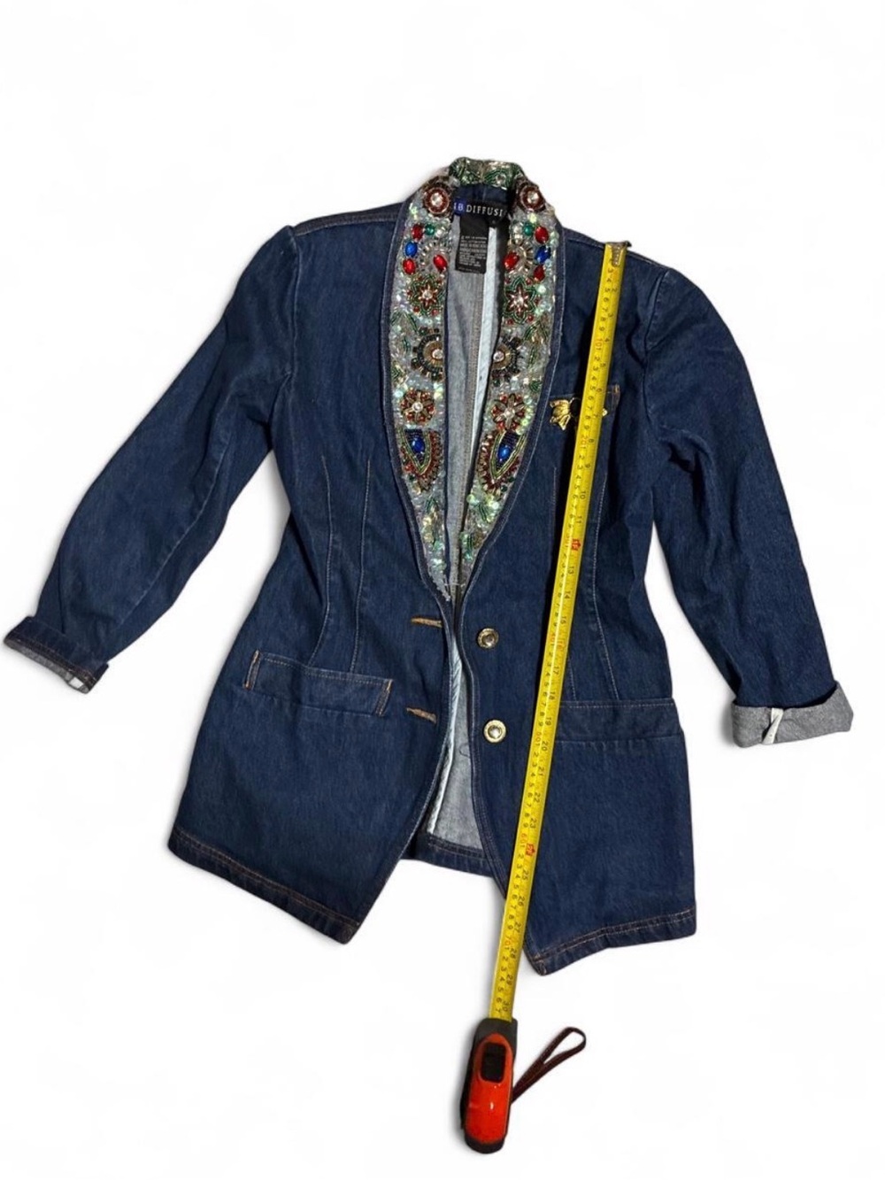 Vintage Embellished Dark Blue Denim Blazer Jacket - size 6